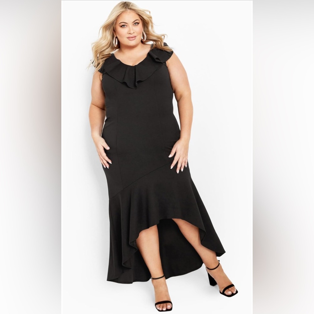 Avenue Destiney Ruffle Sleeveless High/Low Black Plus Size Maxi Dress Sz 26/28